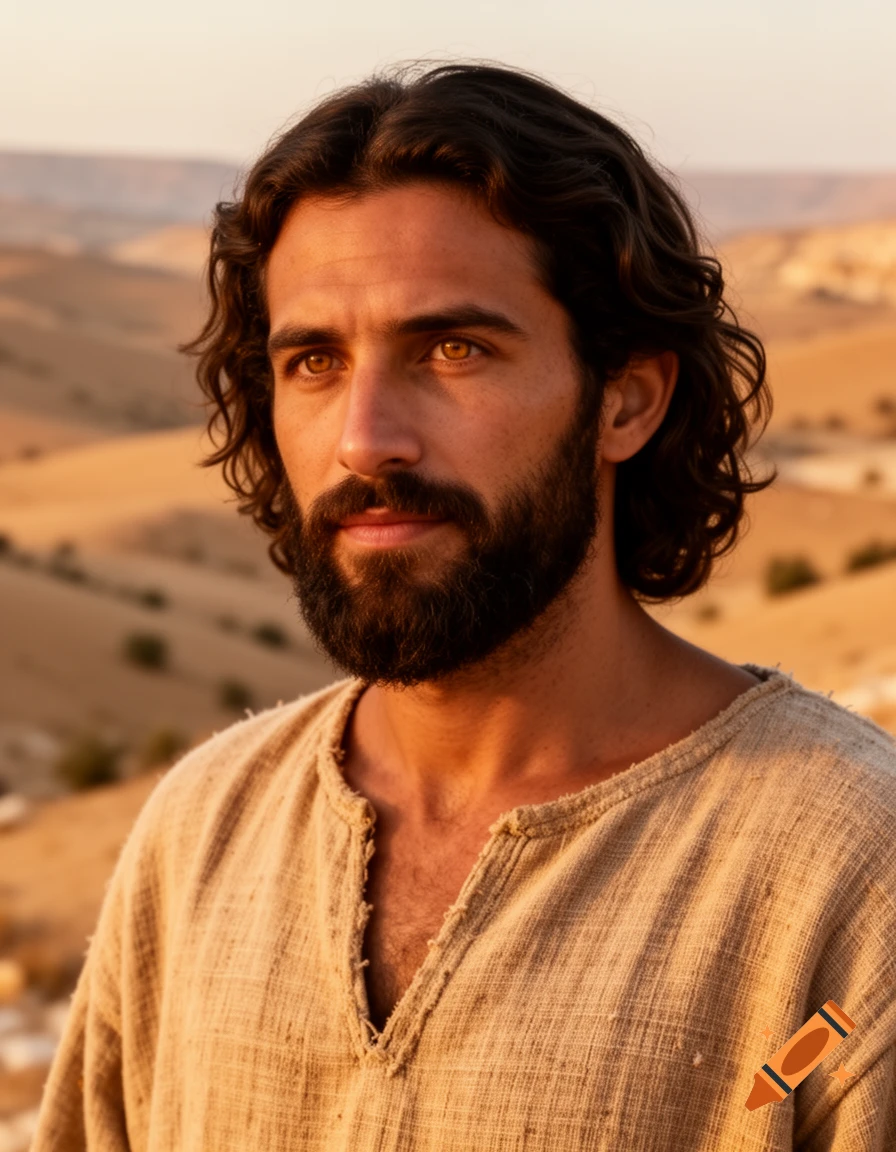 Photorealistic portrait of a man resembling Jesus, with dark hair and beard, wearing a tunic in a desert sunset.