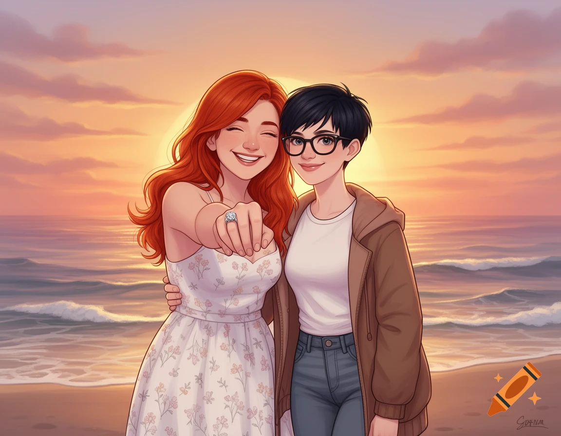 Digital illustration of two smiling women, one with red hair showing an engagement ring, embracing on a beach at sunset.