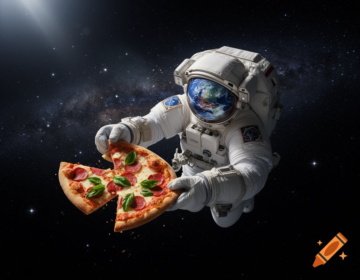 An astronaut in a white suit floats in space, holding a partially eaten pepperoni and basil pizza against a starry backdrop.