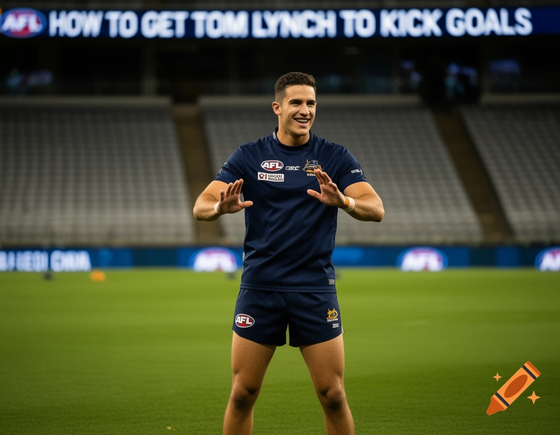 A smiling male athlete in a navy uniform with AFL logos, posing with hands up on a green field in a stadium. A scoreboard reads "HOW TO GET TOM LYNCH TO KICK GOALS" in the background.
