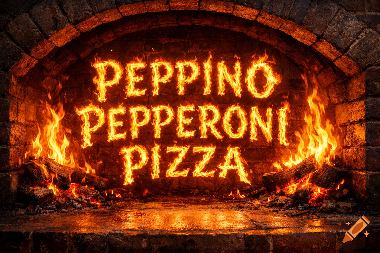 Words 'PEPPINO PEPPERONI PIZZA' made of flames inside a brick pizza oven with burning logs, photorealistic.