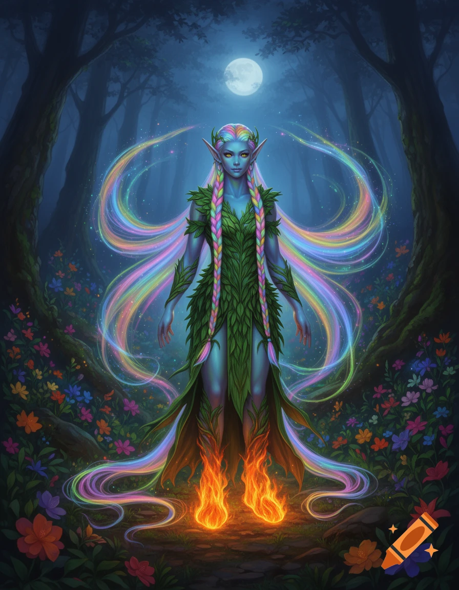 Blue-skinned elf with glowing rainbow braids, a leaf dress, and fiery boots stands in a moonlit forest with colorful flowers.