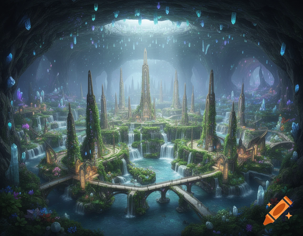 A breathtaking fantasy underground city with glowing crystals, ornate ...