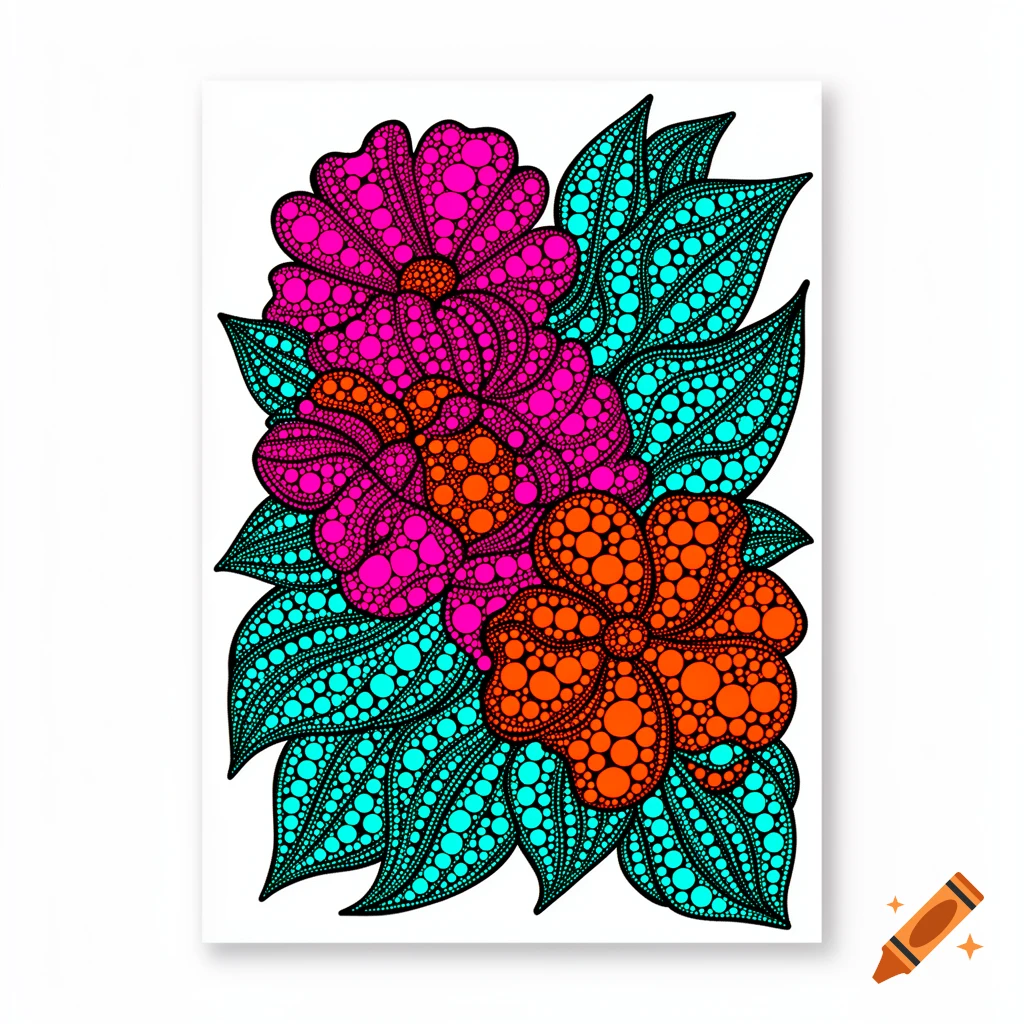Stylized pop art floral illustration with pink and orange dotted flowers and turquoise dotted leaves on a white background.