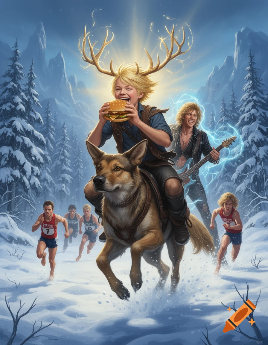 A blonde boy with antlers rides a dog-like creature, eating a hamburger, while a man plays an electric guitar beside him, and barefoot runners race through a snowy mountain landscape.