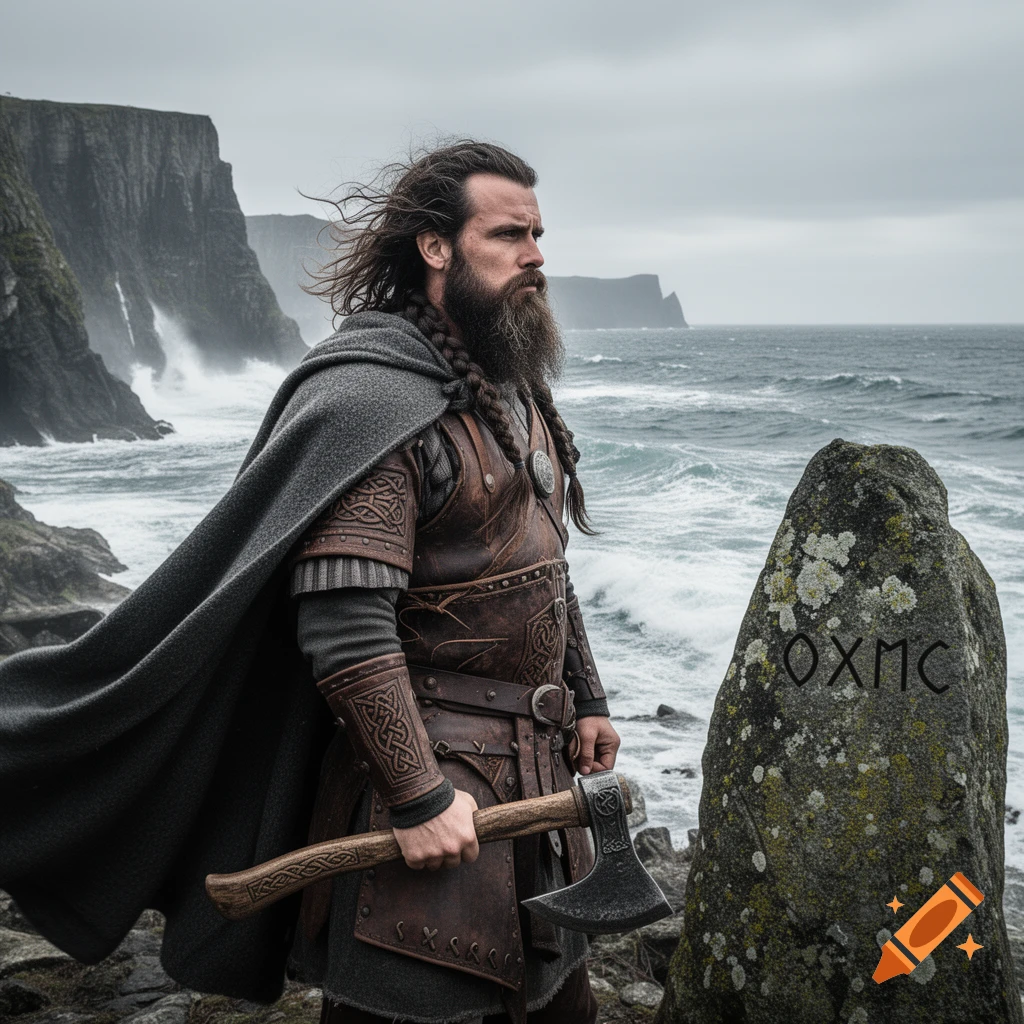 A bearded Viking warrior in leather armor and a grey cloak stands by rocky cliffs overlooking a stormy sea, holding an axe.