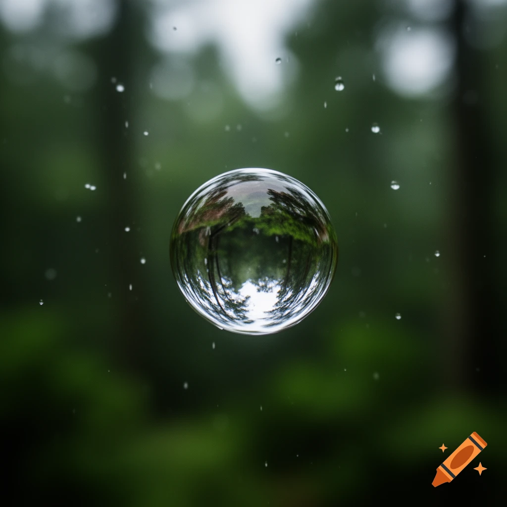 A clear water droplet reflects inverted trees, surrounded by smaller water drops against a blurred green forest background.