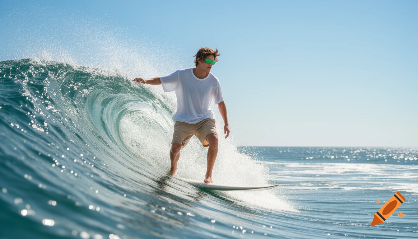 A young man with brown hair and green sunglasses is surfing a large wave on a sunny day. He wears a white t-shirt and beige shorts.