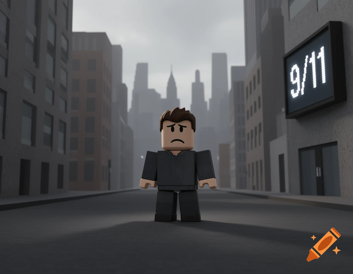 A sad Roblox character stands on a desolate city street with tall buildings, a sign displaying "9/11" visible on a building to the right.