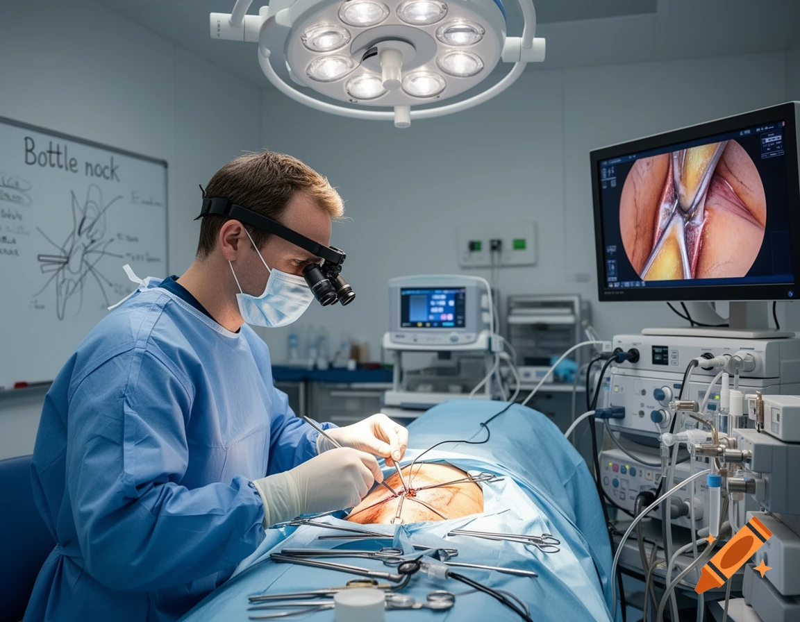 A surgeon with magnifying glasses performs surgery in an operating room, with medical equipment and a monitor showing an internal view.
