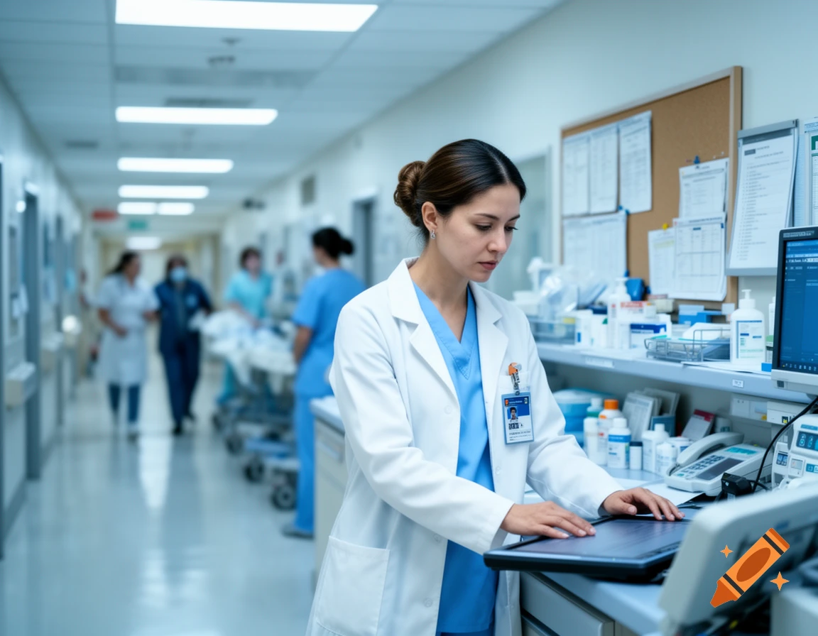 Photorealistic image of a female nurse in a lab coat and scrubs, working on a tablet in a hospital hallway.