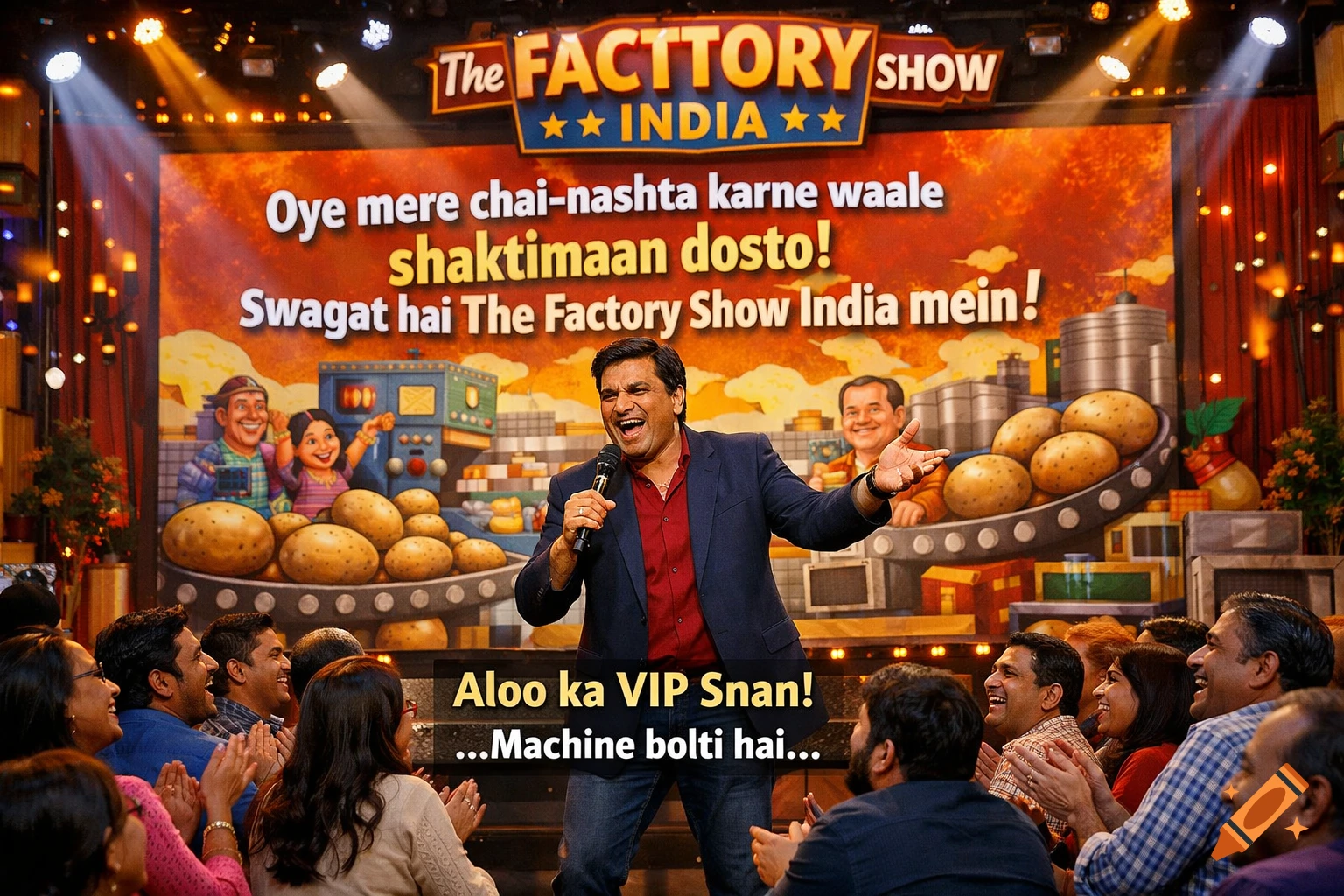 A man on a brightly lit stage with a microphone, gesturing to an applauding audience. A large screen behind him shows a cartoon factory scene and Hindi text about "The Facttory Show India" and potatoes.