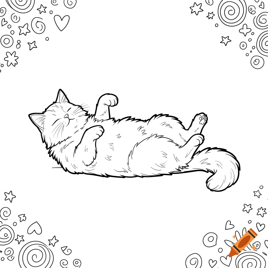 Black and white coloring page of a fluffy cat lying on its back with paws up, surrounded by simple swirls, hearts, and stars.