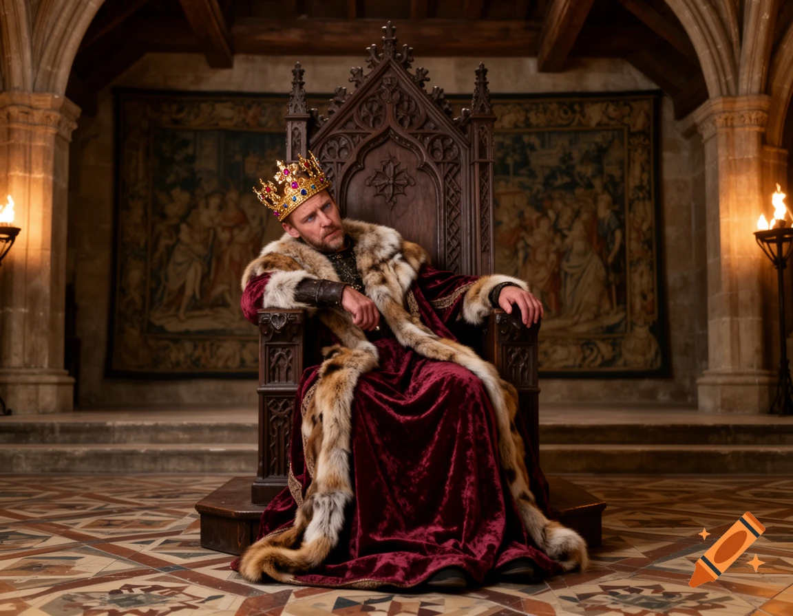 A bored king, wearing a gold crown and fur-trimmed velvet robes, reclines on a dark wooden throne in a medieval hall.