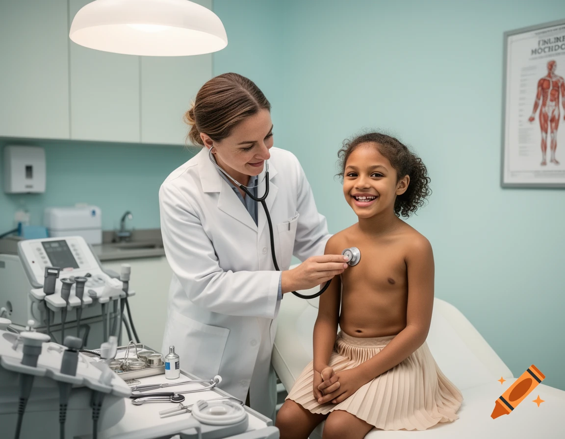 A smiling female doctor uses a stethoscope to examine a smiling shirtless girl in a clinic.