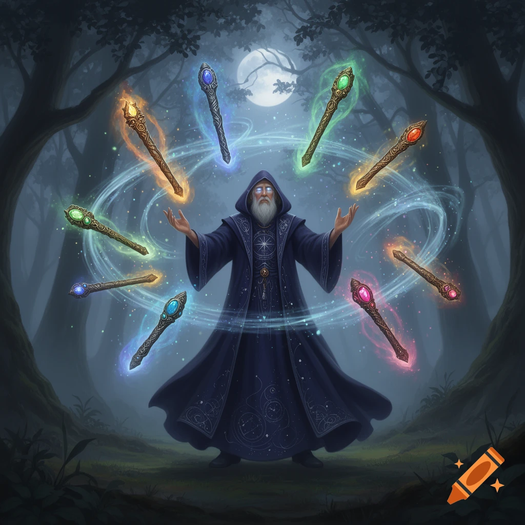 A wizard in a dark forest levitates glowing wands around him under a full moon, digital painting.