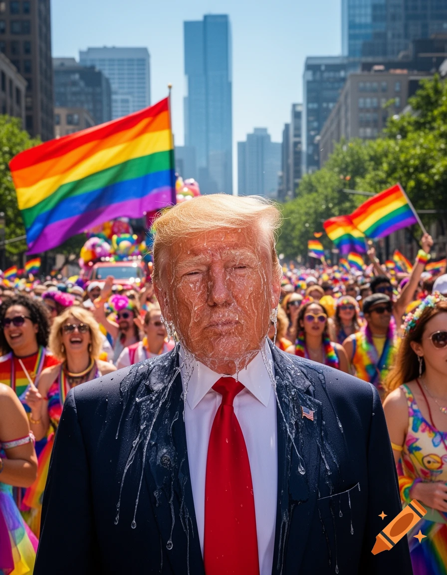 Donald Trump covered in a thick translucent liquid at a pride parade, surrounded by cheering people and rainbow flags.