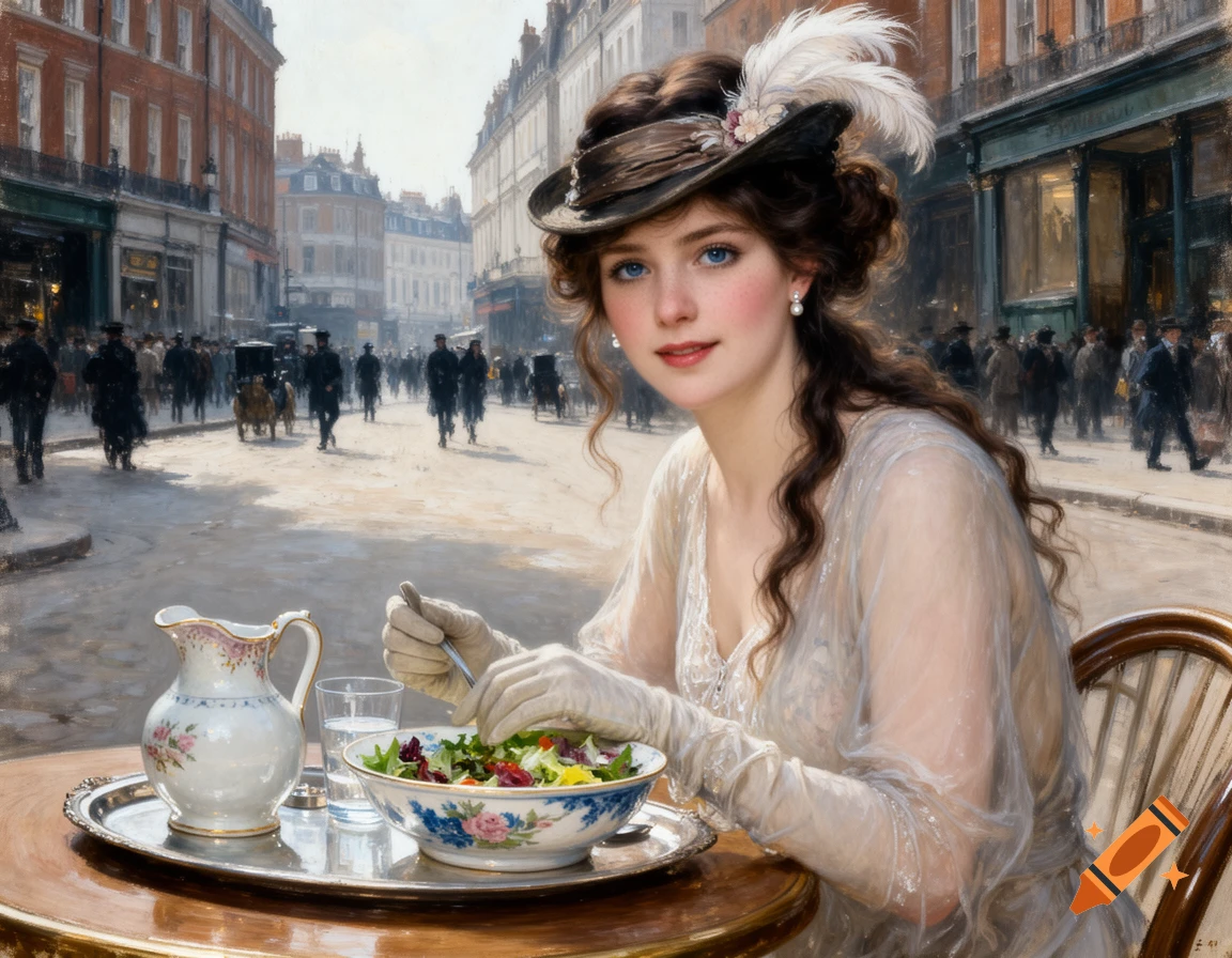 Impressionist painting of a young woman in vintage attire, eating salad at an outdoor cafe on a bustling 1860s city street.