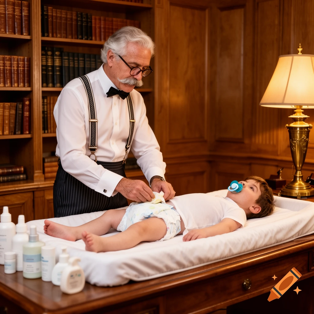 A distinguished senior man with a mustache and glasses in a dress shirt and suspenders changes a baby's diaper on a changing table in a wood-paneled study with bookshelves.