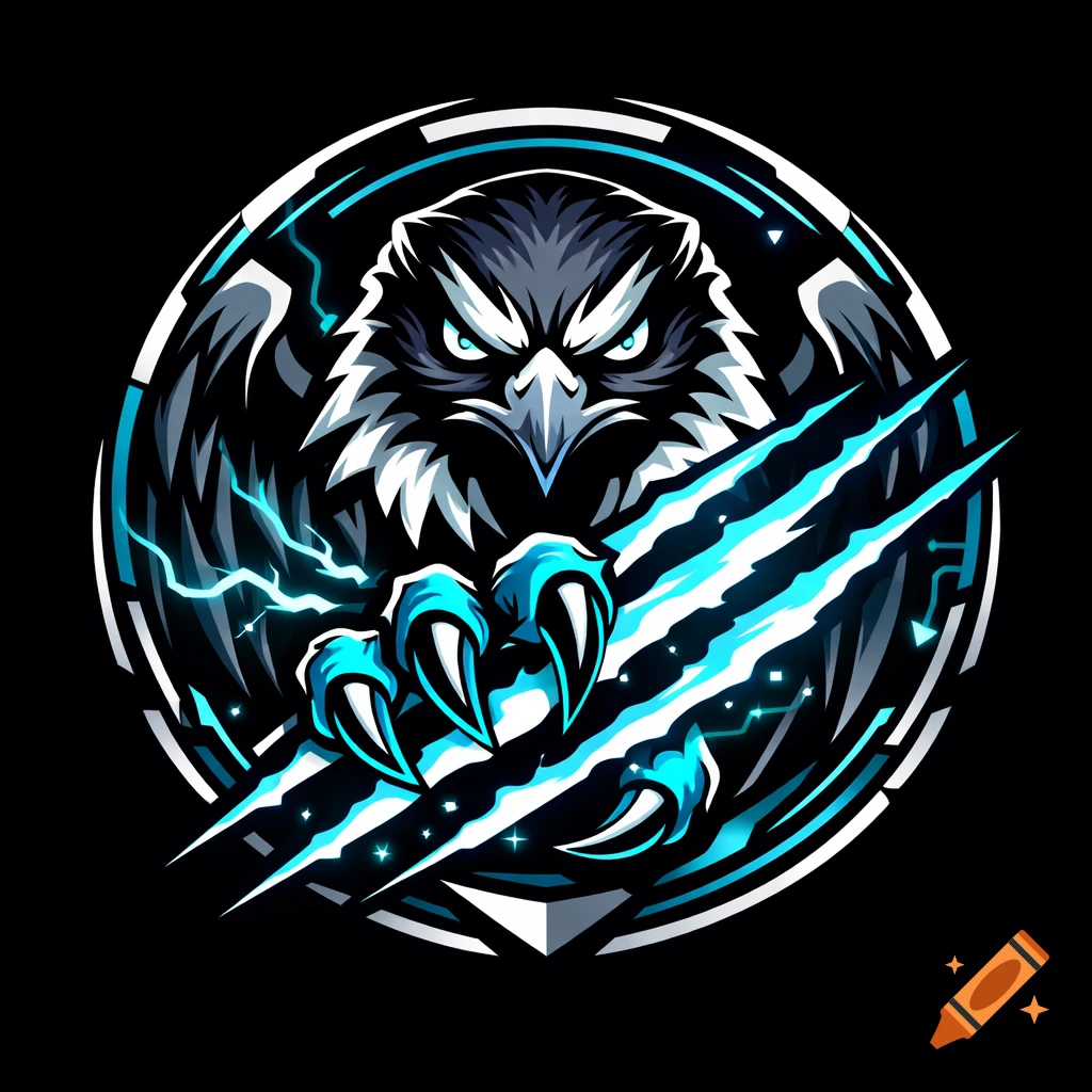 A fierce hawk head with glowing cyan talons scratching three bright blue claw marks, set in a circular geometric esports logo.