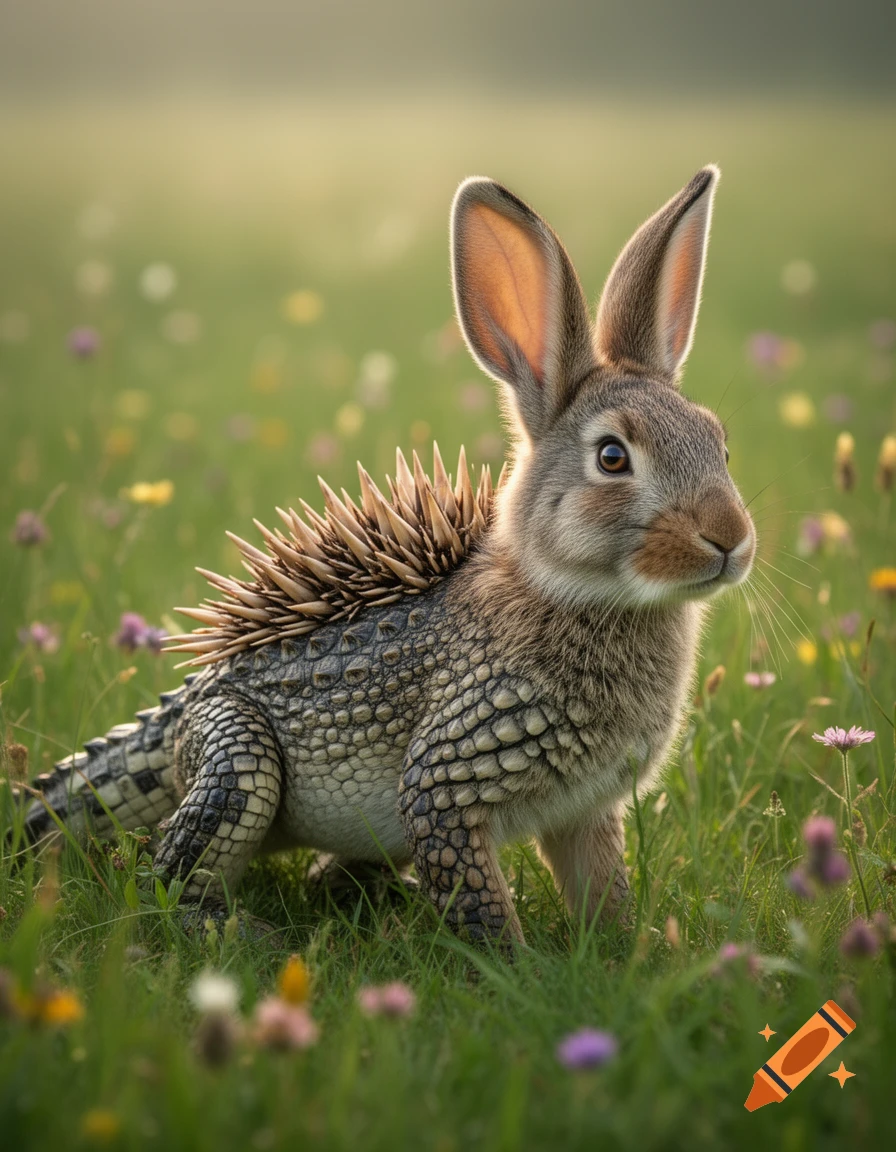 A photorealistic hybrid animal with a rabbit's head, hedgehog quills, and crocodile scales, stands in a grassy field.