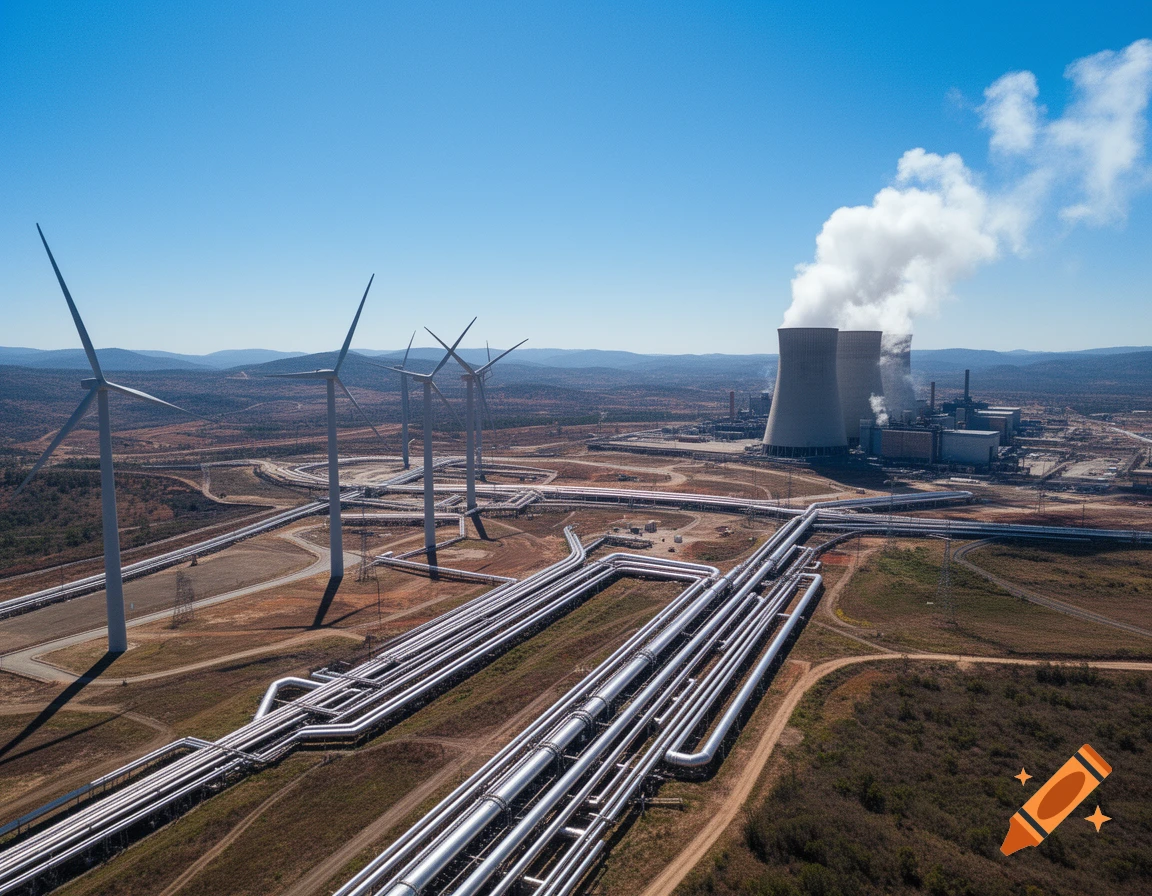 An aerial view of an energy complex featuring wind turbines, intricate pipelines, and a power plant with cooling towers emitting steam.