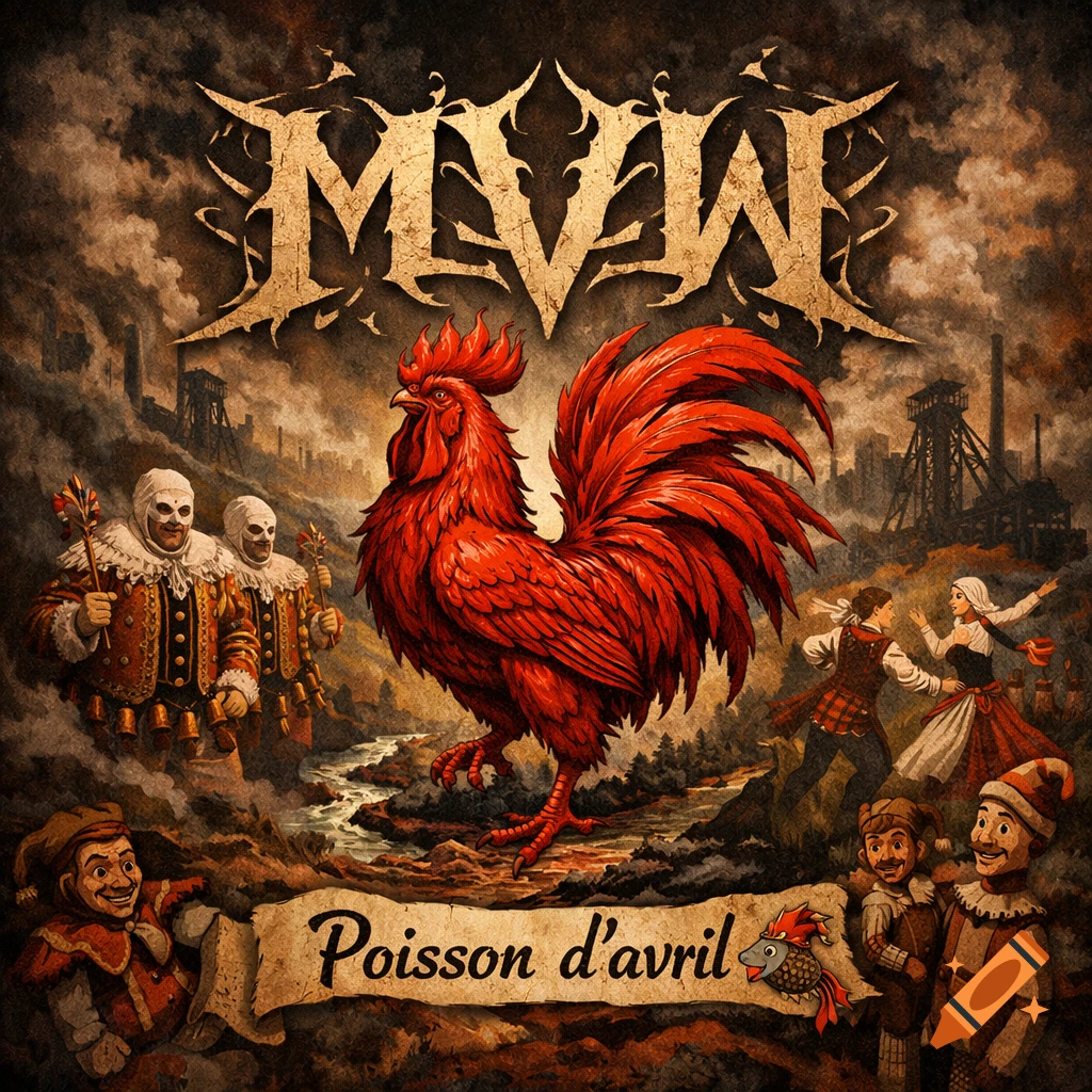 Stylized folk art illustration featuring a large red rooster, masked figures, dancers, industrial landscape, and text 'MVW' and 'Poisson d'avril'.