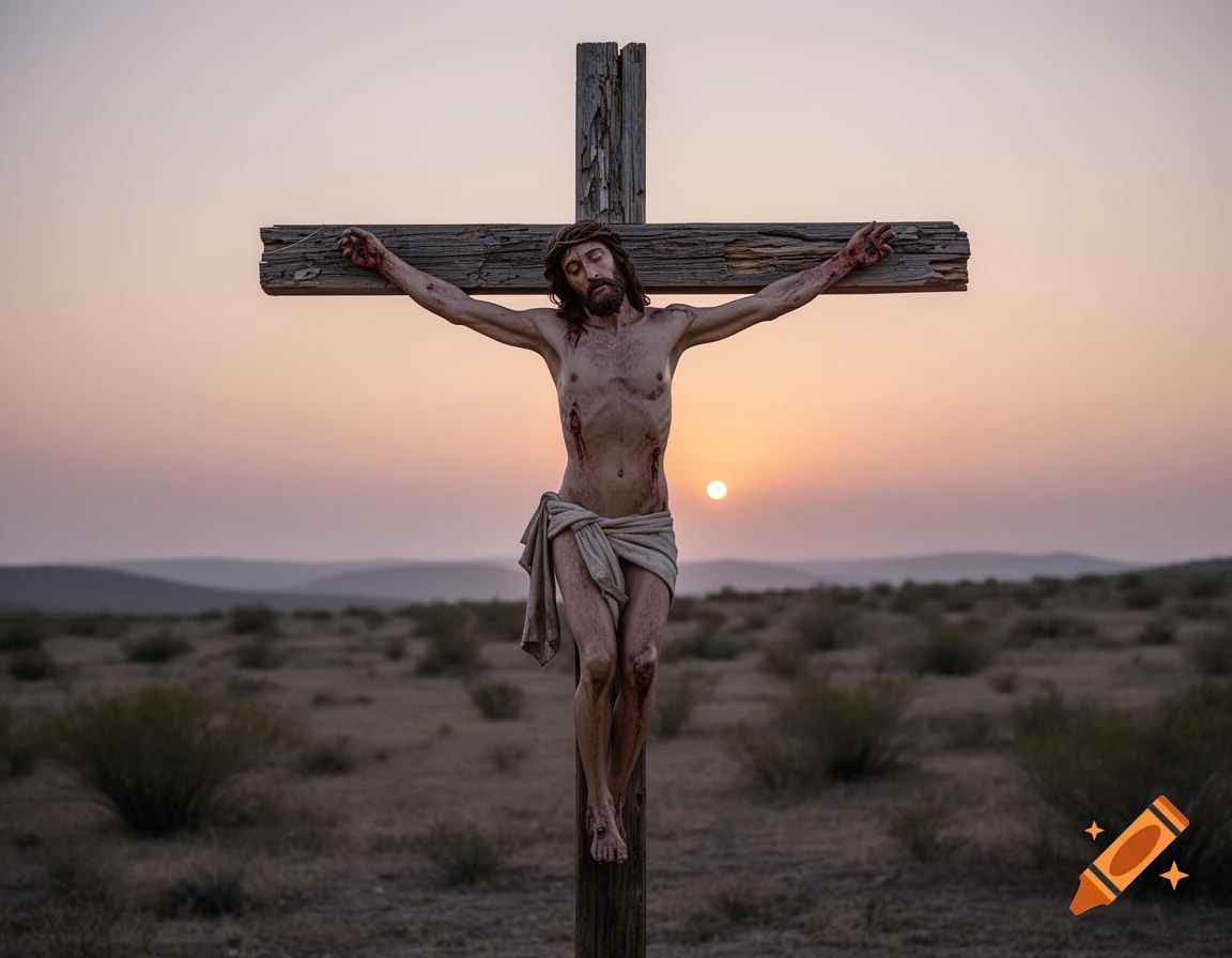 Photorealistic image of Jesus Christ crucified on a wooden cross in a desolate, shrub-filled landscape under an orange sunset.