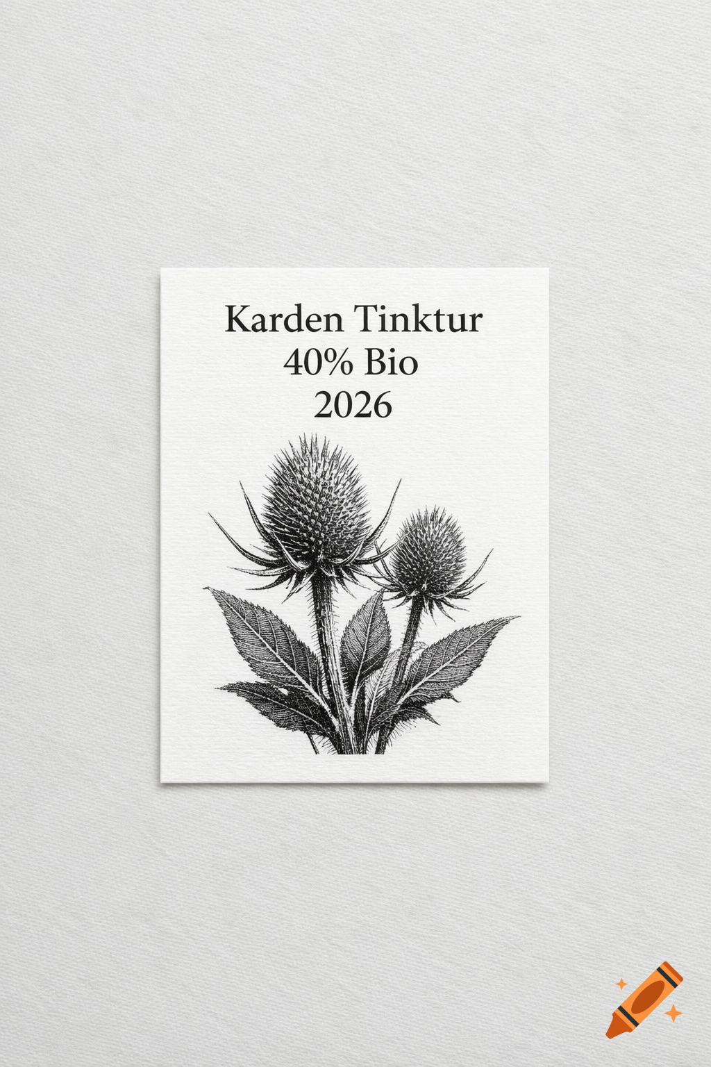 Black and white botanical illustration of two teasel plants on a label with 'Karden Tinktur 40% Bio 2026' text.