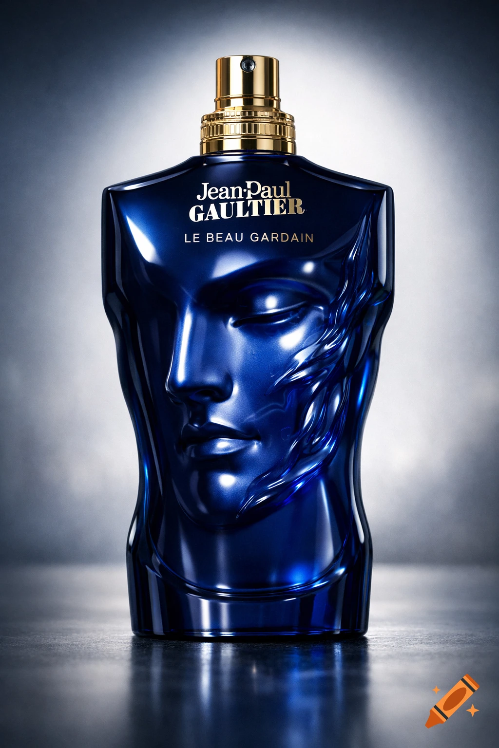 Dark blue Jean Paul Gaultier Le Beau Gardain perfume bottle, shaped like a male torso with a sculpted face, studio lit.