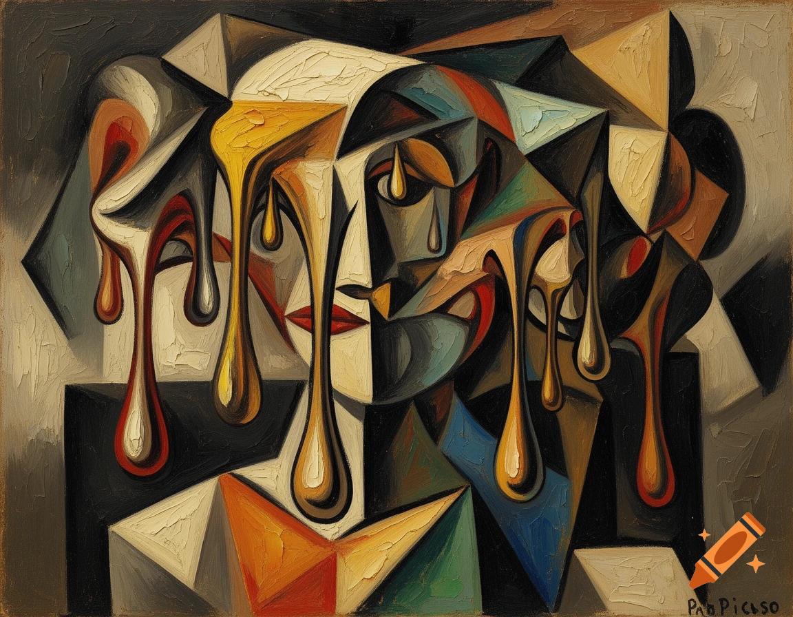 Cubist painting depicting a distorted, melting abstract face with geometric shapes and impasto texture.