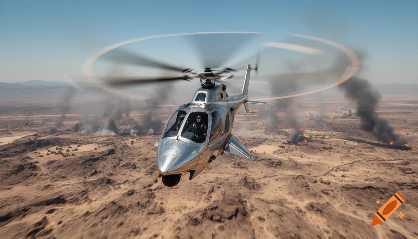 Photorealistic image of a silver helicopter flying low over a smoky desert battlefield with fires burning.