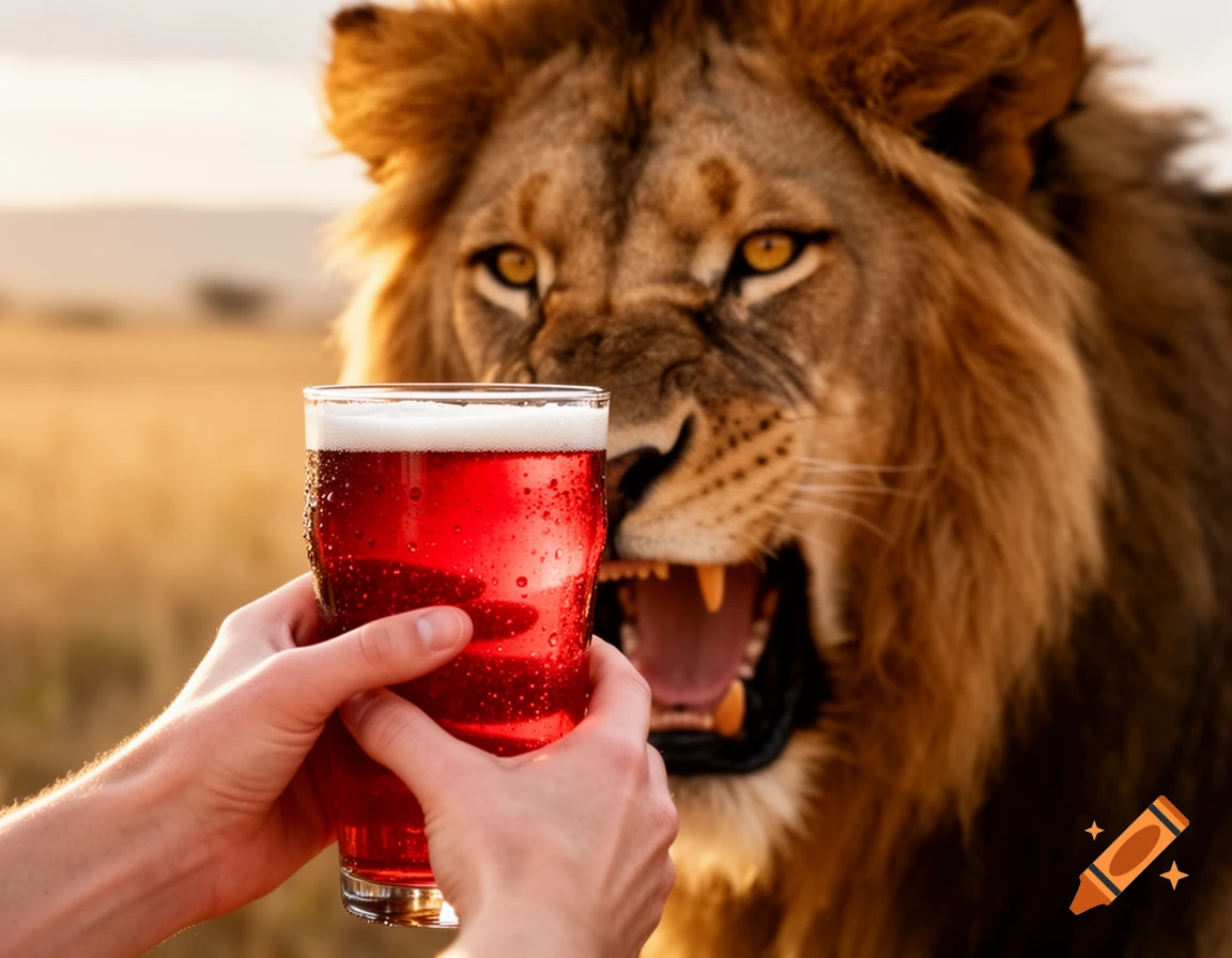 Hands holding a glass of red beer towards a roaring lion in a sunny safari landscape.