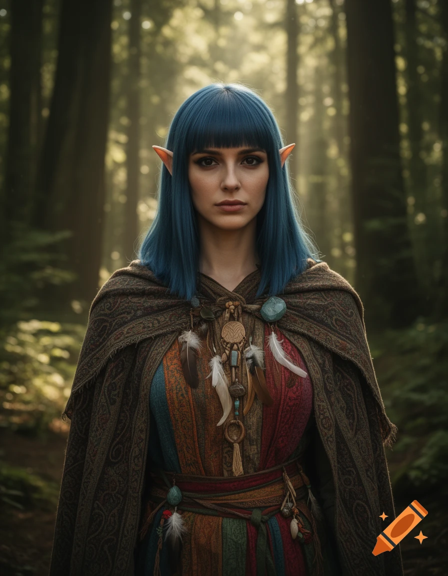 A serious-looking half-elf with blue hair, pointed ears, and a patterned cloak stands in a sun-dappled forest.