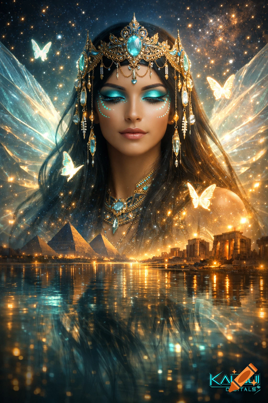 A fantasy portrait of a mystical Egyptian goddess with a jeweled headdress and glowing turquoise makeup, against a starry sky with pyramids and temple ruins reflected in water.