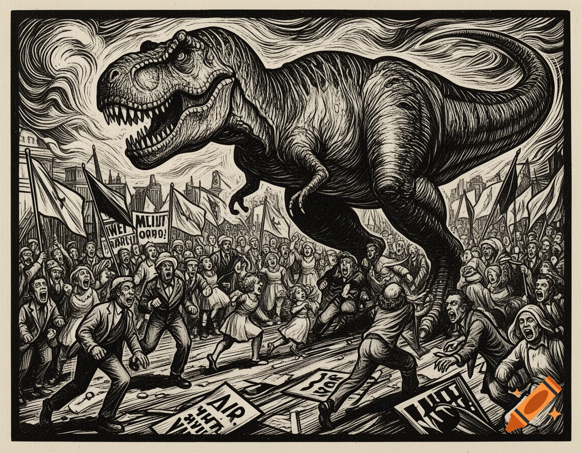 A black and white woodblock print shows a giant T-Rex looming over a chaotic crowd of people running and screaming in a city street.