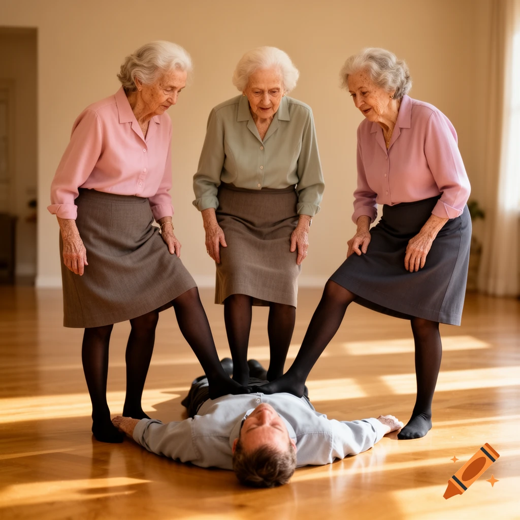 Three elderly women in skirts and black tights stand with a foot each on a man lying on a wooden floor, looking down at him.