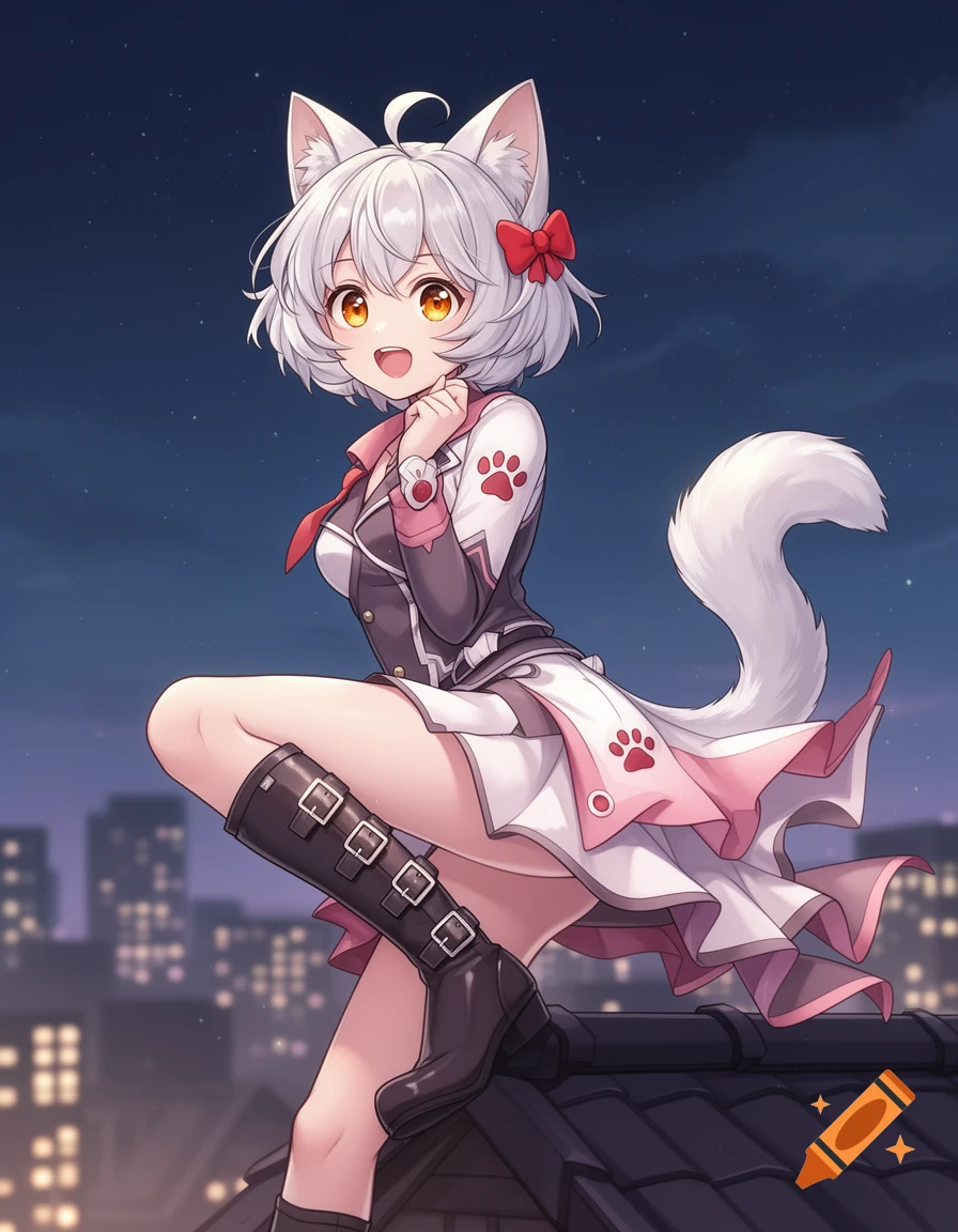 An anime cat girl with white hair and ears, wearing a school uniform, sits on a rooftop at night with city lights in the background.