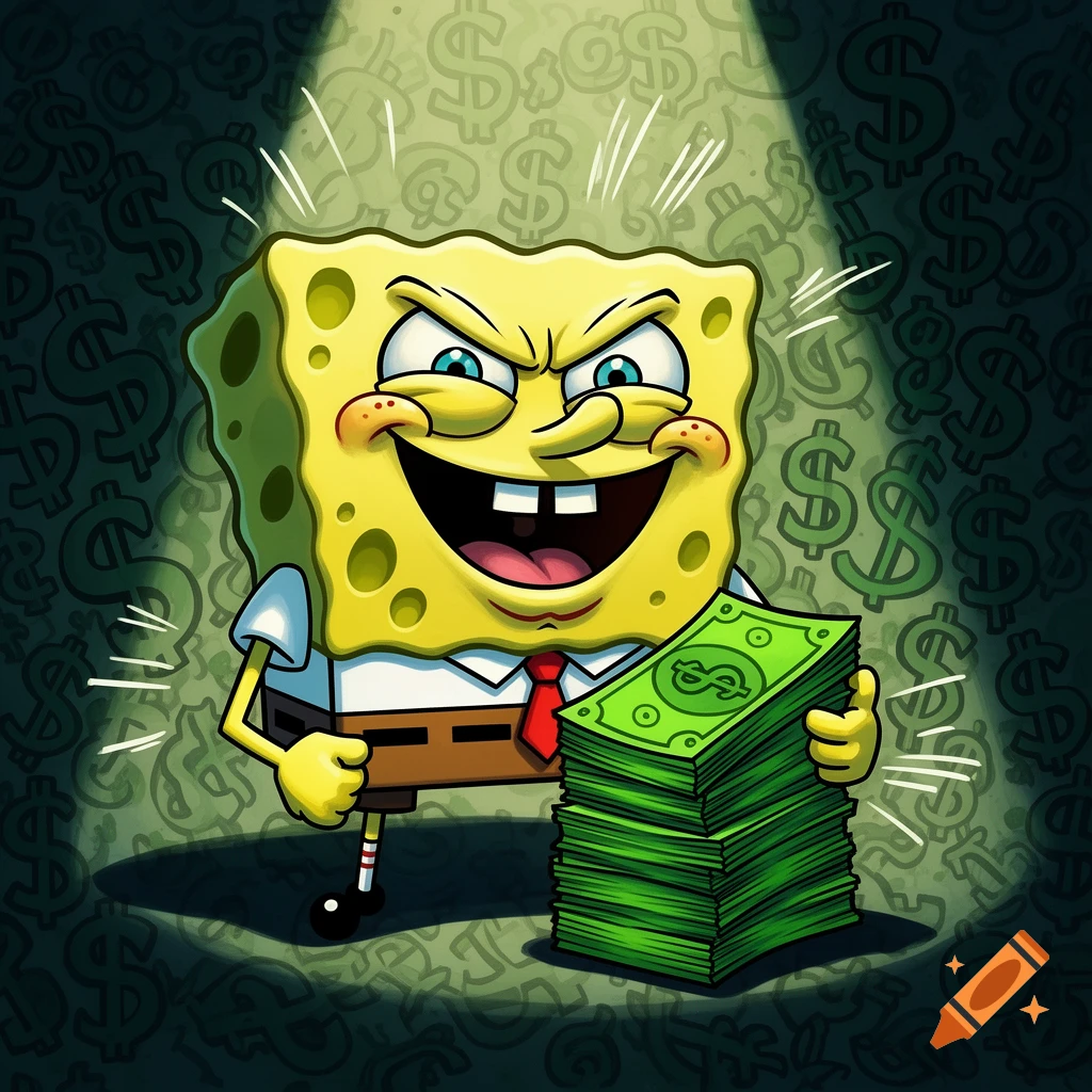 SpongeBob with a maniacal grin holds a tall stack of green money, surrounded by dollar signs in a spotlight.