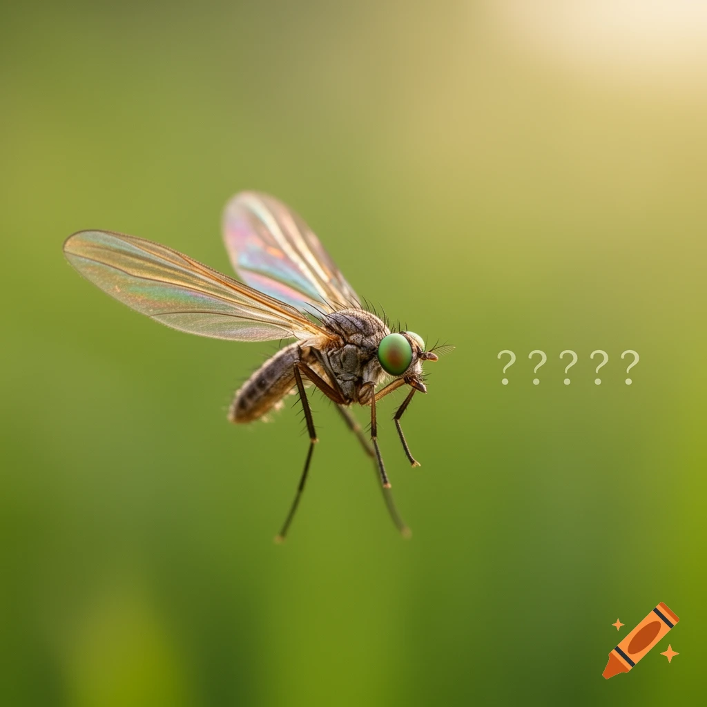 A photorealistic macro shot of a gnat with bright green eyes, with five white question marks floating beside it.