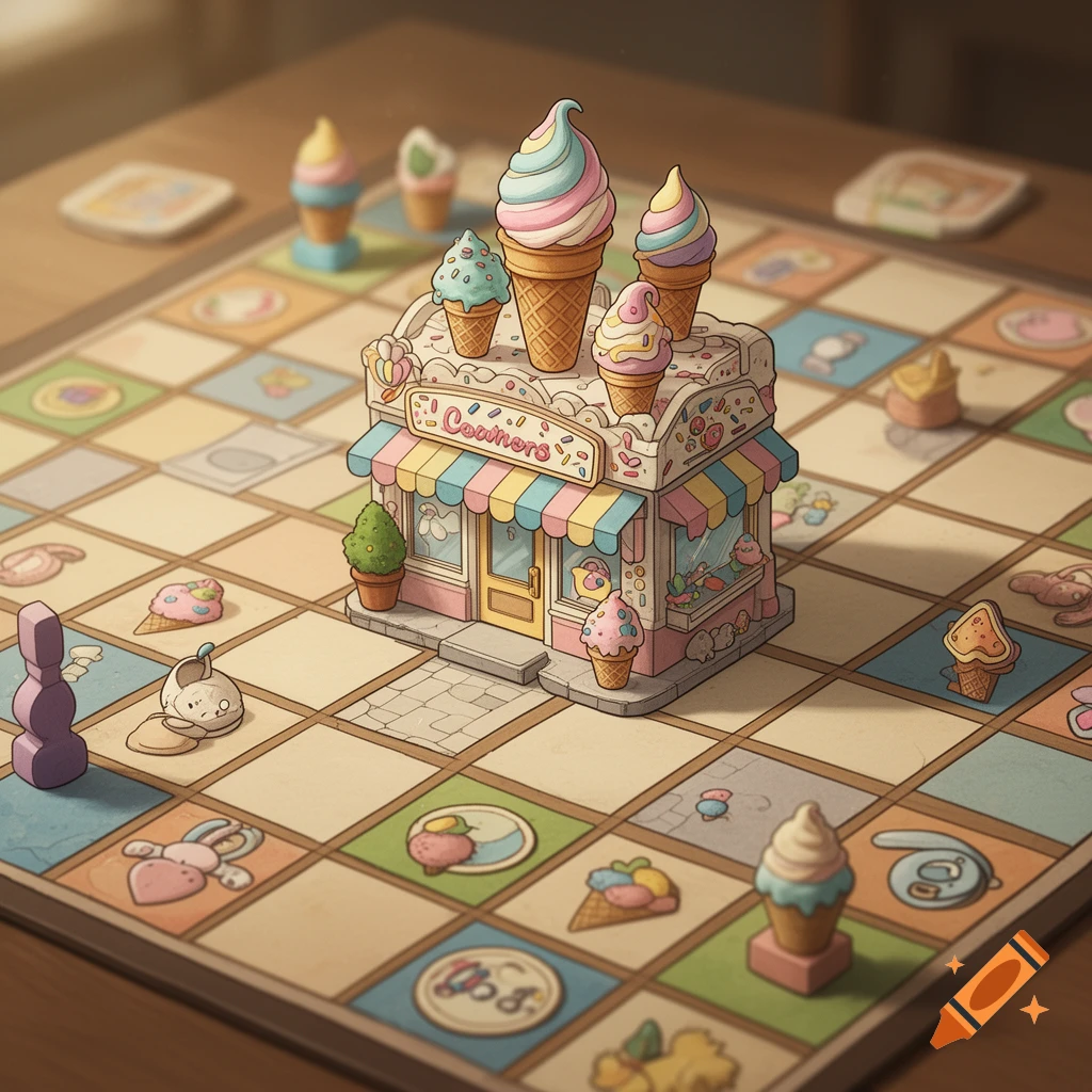 A cute, pastel-colored board game featuring an ice cream shop and various ice cream cone game pieces.