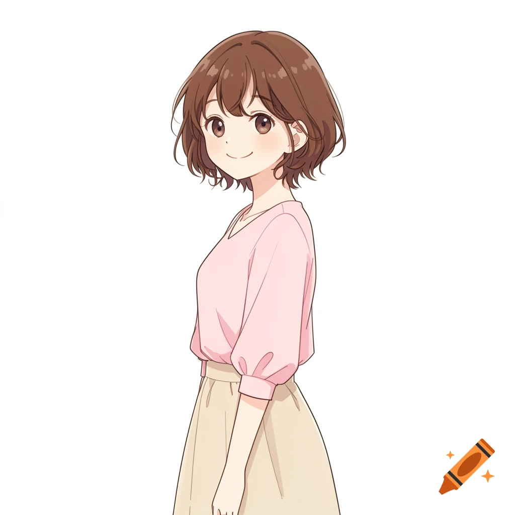 An anime illustration of a cute Japanese woman with short brown hair ...