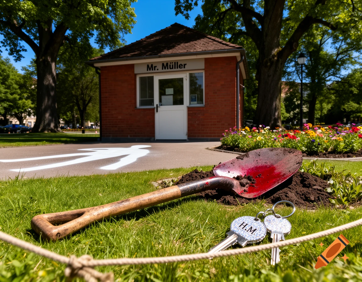 A crime scene in a sunny park with a shovel, pile of dirt, keys with H.M., and a body outline near a building labeled "Mr. M lller".