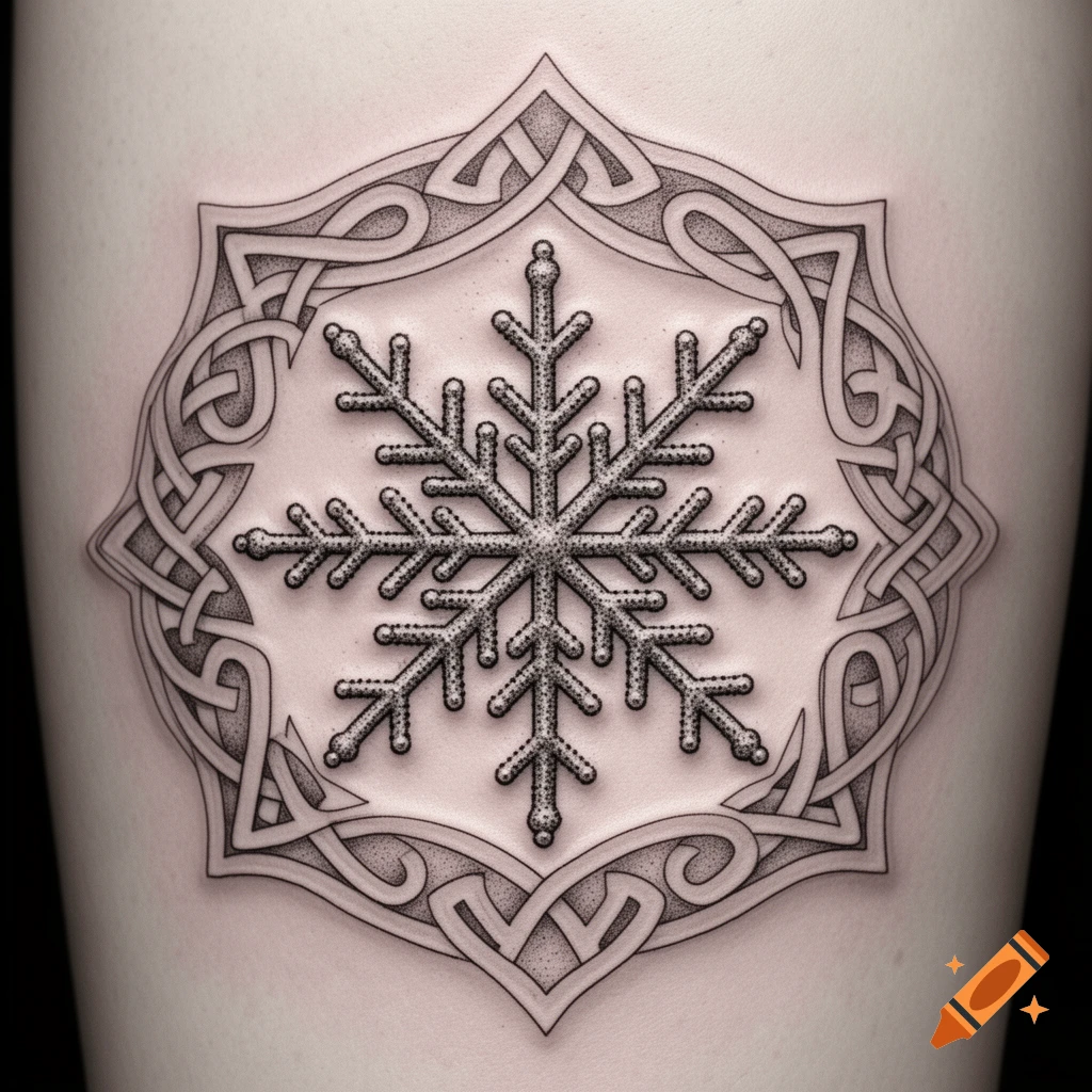 A detailed dotwork snowflake tattoo framed by intricate Celtic knotwork on a person's skin.