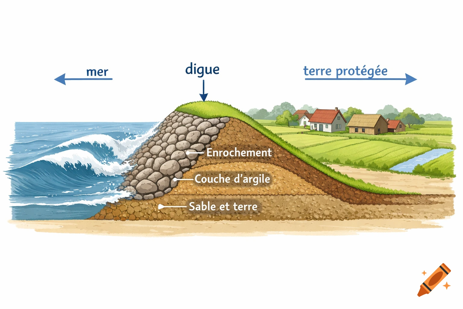 Educational diagram of a dike cross-section, showing rock, clay, and sand layers protecting fields and houses from the sea with waves.