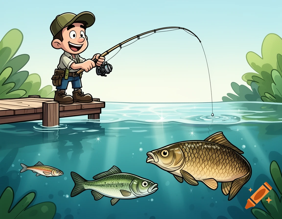 A happy cartoon boy fishes from a wooden dock, with three fish of varying sizes swimming beneath the clear water.