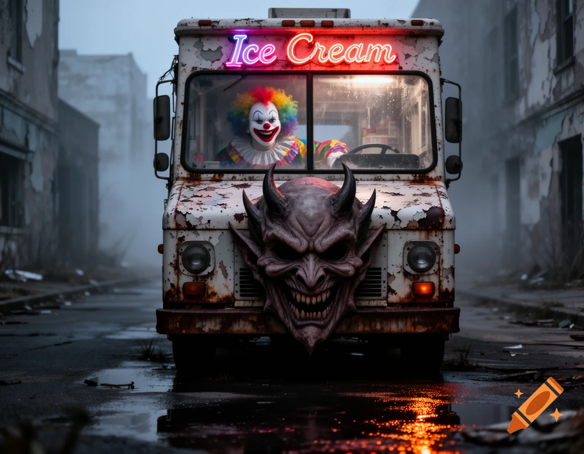 A rusty ice cream truck with a demonic face on the front is driven by a creepy clown down a foggy, abandoned street.