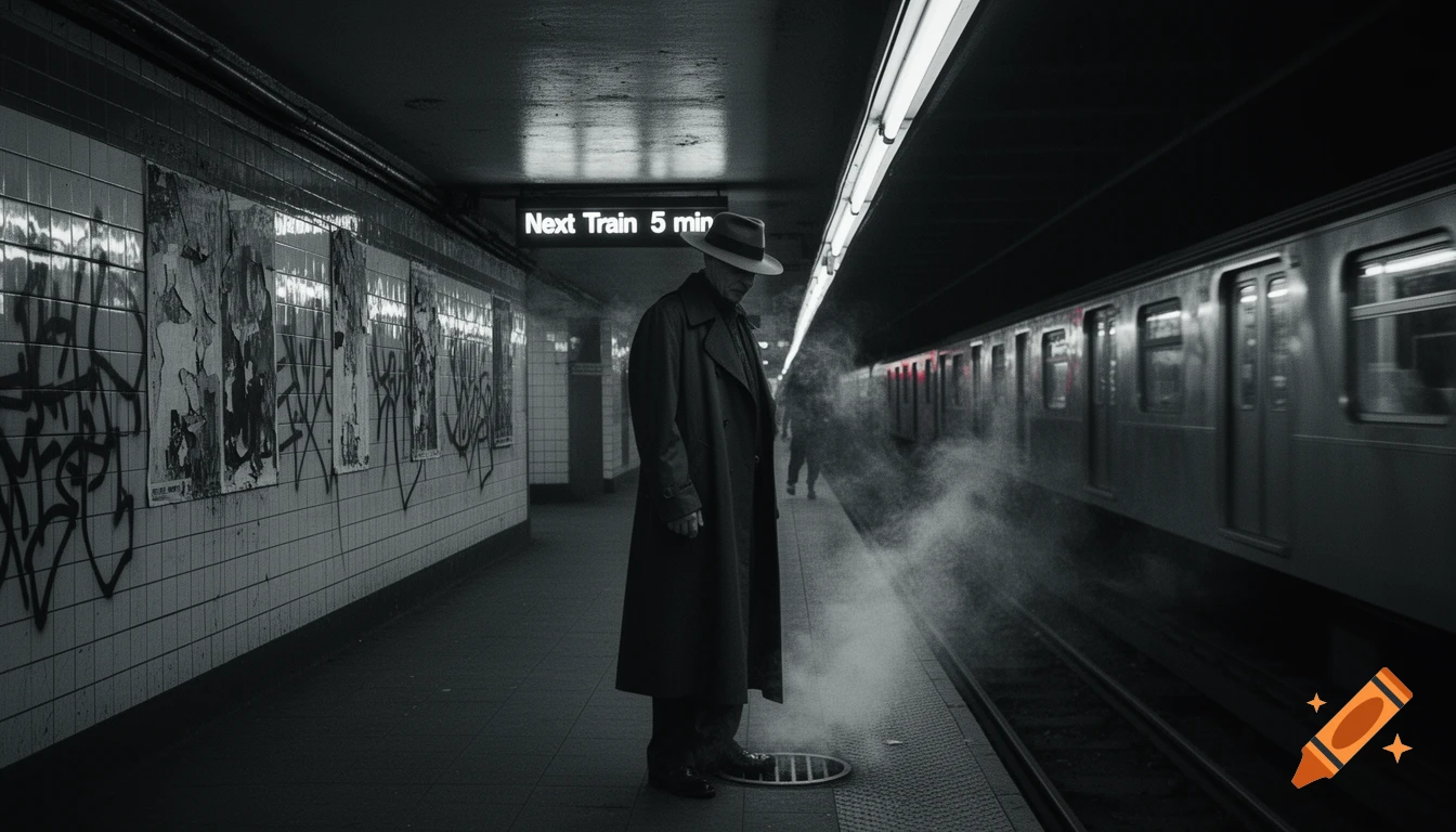 A man in a trench coat and fedora waits on a dark, steamy subway platform with a train pulling in, in a black and white noir style.