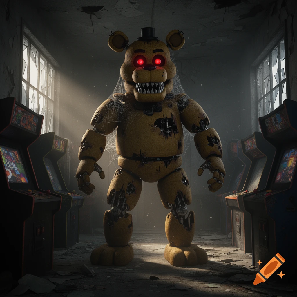A menacing, golden animatronic bear with red eyes and sharp teeth, covered in cobwebs, stands in a dilapidated arcade.