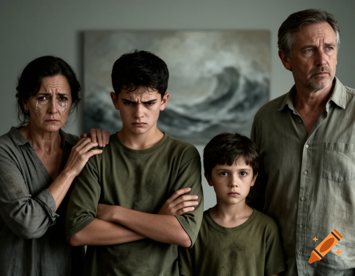 A photorealistic portrait of a family. A woman with tears on her face, an angry teenage boy, a serious younger boy, and a concerned man look out. An abstract wave painting is behind them.